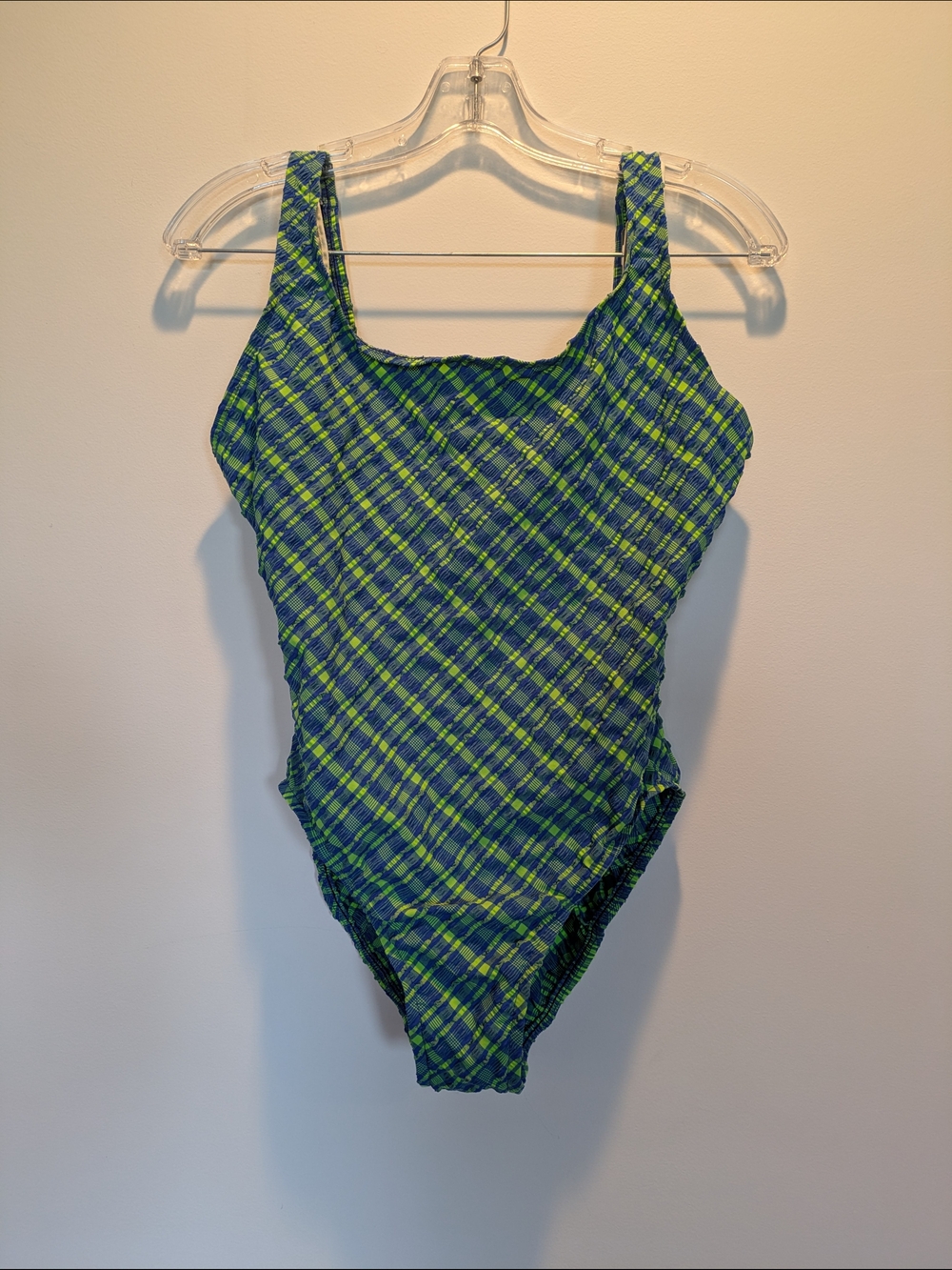 💚 3/$45 Jantzen Blue and Green Plaid One-Piece Swimsuit Size 12